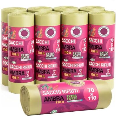 BAKAJI Set 70 Sacchetti per Spazzatura Grandi, Sacchi Immondizia in Plastica Riciclata Resistente, Buste Capacità per Sacchetto 110 Litri, Buste Resistenti alle Intemperie (Ambra 70 x 110 cm) BAKAJI Set 70 Sacchetti per Spazzatura Grandi, Sacchi Immondizia in Plastica Riciclata Resistente, Buste Capacità per Sacchetto 110 Litri, Buste Resistenti alle Intemperie (Ambra 70 x 110 cm)