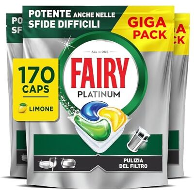 Fairy Platinum Detersivo Pastiglie Lavastoviglie Brillantante, 170 Capsule Lavastoviglie, Limone, Con Sistema Di Prelavaggio Integrato, Efficace Nelle Sfide Difficili Contro Lo Sporco Fairy Platinum Detersivo Pastiglie Lavastoviglie Brillantante, 170 Capsule Lavastoviglie, Limone, Con Sistema Di Prelavaggio Integrato, Efficace Nelle Sfide Difficili Contro Lo Sporco