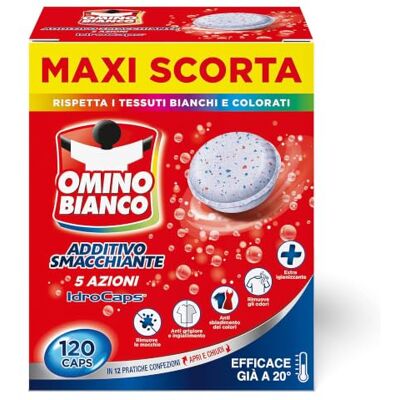 Omino Bianco Additivo Lavatrice Totale 5 Azioni in 1 Idrocaps, 10 Caps x 12 Smacchia e igienizza il bucato in un solo gesto, elimina i cattivi odori, capsule idrosolubili predosate Omino Bianco Additivo Lavatrice Totale 5 Azioni in 1 Idrocaps, 10 Caps x 12 Smacchia e igienizza il bucato in un solo gesto, elimina i cattivi odori, capsule idrosolubili predosate