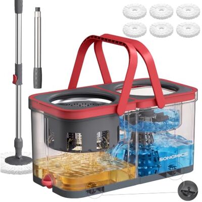 SONGMICS Mocio Rotante con Secchio, Separazione Acqua Pulita e Sporca, Cestello in Acciaio Inox, 6 Panni in Microfibra, con Ruote, 47,5 x 25,5 x 24 cm, Grigio e Rosso, Collezione CLEMAX SONGMICS Mocio Rotante con Secchio, Separazione Acqua Pulita e Sporca, Cestello in Acciaio Inox, 6 Panni in Microfibra, con Ruote, 47,5 x 25,5 x 24 cm, Grigio e Rosso, Collezione CLEMAX