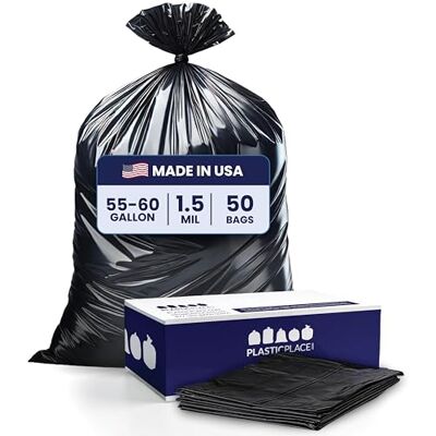 Plasticplace Sacchetti della spazzatura da 55-60 galloni │ 1,5 Mil │ Fodere nere resistenti per bidoni della spazzatura │ 96,5 x 147,3 cm (50 pezzi) Plasticplace Sacchetti della spazzatura da 55-60 galloni │ 1,5 Mil │ Fodere nere resistenti per bidoni della spazzatura │ 96,5 x 147,3 cm (50 pezzi)