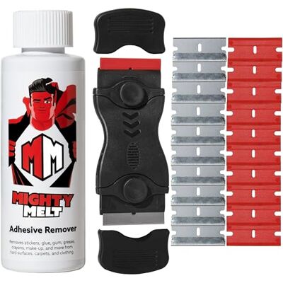 Mighty Melt Kit di rimozione adesivi, include 125 ml di solvente e raschietto in plastica multi-superficie, per pulire residui appiccicosi, etichette, adesivi e nastro adesivo da finestre, forni Mighty Melt Kit di rimozione adesivi, include 125 ml di solvente e raschietto in plastica multi-superficie, per pulire residui appiccicosi, etichette, adesivi e nastro adesivo da finestre, forni