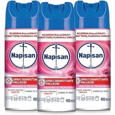 Napisan Spray Disinfettante Milleusi, Disinfettante Spray per Tessuti e Superfici, Fragranza Profumo Di Primavera, Confezione da 3 Spray da 400ml Napisan Spray Disinfettante Milleusi, Disinfettante Spray per Tessuti e Superfici, Fragranza Profumo Di Primavera, Confezione da 3 Spray da 400ml