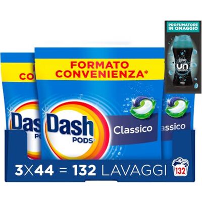 Dash Pods Classico Detersivo Lavatrice in Capsule, 132 Lavaggi + Omaggio Rimuove macchie, igienizza in 1 lavaggio, 3 additivi integrati, campione profumatore in regalo Dash Pods Classico Detersivo Lavatrice in Capsule, 132 Lavaggi + Omaggio Rimuove macchie, igienizza in 1 lavaggio, 3 additivi integrati, campione profumatore in regalo