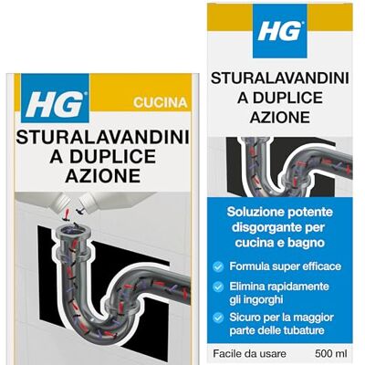HG Sturalavandini a Duplice Azione, Rimuove i Blocchi e Ripristina il Funzionamento degli Scarichi, 2x 500 ml HG Sturalavandini a Duplice Azione, Rimuove i Blocchi e Ripristina il Funzionamento degli Scarichi, 2x 500 ml
