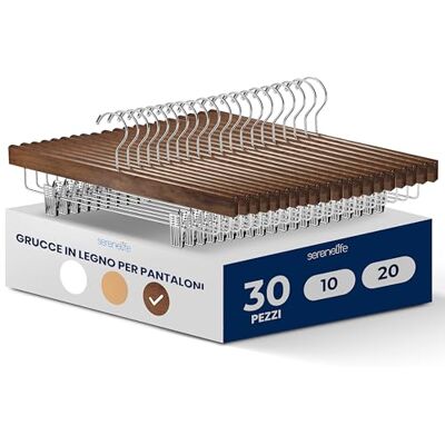 SereneLife Grucce Appendiabiti Salvaspazio in Legno Marrone, Stampelle Armadio 30 Pezzi con Pinze Regolabili, 35,5x1,3x17 cm, Grucce per Pantaloni e Abiti SereneLife Grucce Appendiabiti Salvaspazio in Legno Marrone, Stampelle Armadio 30 Pezzi con Pinze Regolabili, 35,5x1,3x17 cm, Grucce per Pantaloni e Abiti