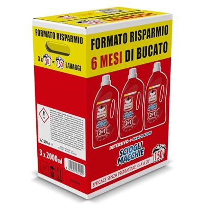 Omino Bianco Detersivo Lavatrice Liquido Scioglimacchie 2in1, 150 Lavaggi, Rimuove Macchie Difficili, Rispetta Bianchi e Colorati, 2000 ml x 3 Confezioni Omino Bianco Detersivo Lavatrice Liquido Scioglimacchie 2in1, 150 Lavaggi, Rimuove Macchie Difficili, Rispetta Bianchi e Colorati, 2000 ml x 3 Confezioni