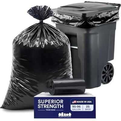 Plasticplace Sacchetti per bidoni della spazzatura da 95-96 galloni │ 2 Mil │ Sacchetti per rifiuti resistenti neri │ 154,9 x 172,7 cm, 25 pezzi Plasticplace Sacchetti per bidoni della spazzatura da 95-96 galloni │ 2 Mil │ Sacchetti per rifiuti resistenti neri │ 154,9 x 172,7 cm, 25 pezzi