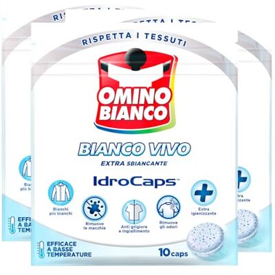 Omino Bianco Additivo Lavatrice Bianco Vivo Idrocaps, Capsule Idrosolubili per Bucato, Azione Extra Sbiancate e Smacchiante, 3 Confezione da 10Caps ognuna Omino Bianco Additivo Lavatrice Bianco Vivo Idrocaps, Capsule Idrosolubili per Bucato, Azione Extra Sbiancate e Smacchiante, 3 Confezione da 10Caps ognuna