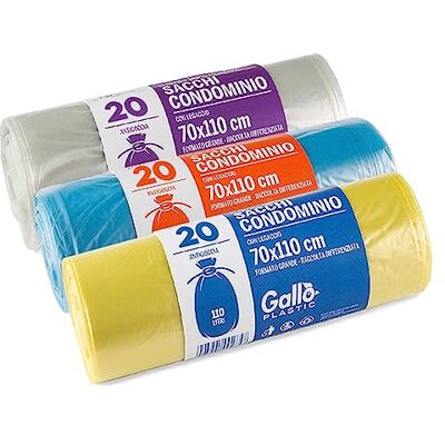 GALLO , Sacchi per Raccolta Differenziata, 20 sacchetti per rotolo, kit da 3 rotoli, 70x110cm, 110 Litri, Blu, Trasparente, Giallo GALLO , Sacchi per Raccolta Differenziata, 20 sacchetti per rotolo, kit da 3 rotoli, 70x110cm, 110 Litri, Blu, Trasparente, Giallo