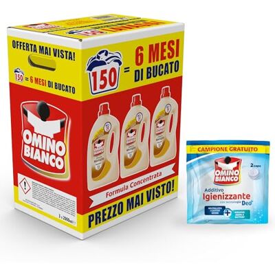 Omino Bianco Detersivo Lavatrice Marsiglia,150 Lavaggi, 2000ml x 3 +Omaggio Omino Bianco Detersivo Lavatrice Marsiglia,150 Lavaggi, 2000ml x 3 +Omaggio