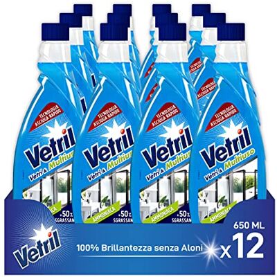 Vetril Ricarica per Detergente Spray Vetri e Multiuso con Ammoniaca, Azione Sgrassante e Tecnologia Asciuga Rapido, in Ecoflacone, 650 ml x 12 Pezzi Vetril Ricarica per Detergente Spray Vetri e Multiuso con Ammoniaca, Azione Sgrassante e Tecnologia Asciuga Rapido, in Ecoflacone, 650 ml x 12 Pezzi