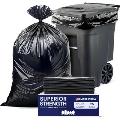 Plasticplace Sacchetti per bidoni della spazzatura da 95 – 96 galloni │ 3 Mil │ Nero Heavy Duty sacchetti della spazzatura │ 154,9 x 172,7 cm (25 pezzi) Plasticplace Sacchetti per bidoni della spazzatura da 95 – 96 galloni │ 3 Mil │ Nero Heavy Duty sacchetti della spazzatura │ 154,9 x 172,7 cm (25 pezzi)