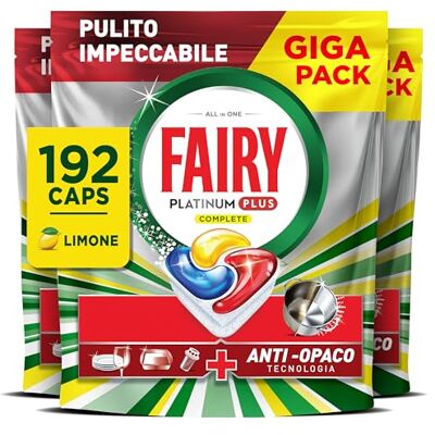 Fairy Platinum Detersivo Pastiglie Lavastoviglie Plus Complete, Brillantante, 192 Capsule, Limone, Tecnologia Anti-Opaco, Contro Il Grasso e le Incrostazioni Ostinate Anche Nei Cicli Brevi Fairy Platinum Detersivo Pastiglie Lavastoviglie Plus Complete, Brillantante, 192 Capsule, Limone, Tecnologia Anti-Opaco, Contro Il Grasso e le Incrostazioni Ostinate Anche Nei Cicli Brevi