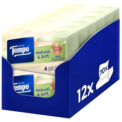 Tempo Pacchetti Di Carta Natural & Soft, 4 Veli, Resistenti In Lavatrice, Fazzoletti Naturali E Morbidi, Senza Profumo, Coloranti E Allergeni, 12 Confezioni da 70 Fazzoletti Monouso Tempo Pacchetti Di Carta Natural & Soft, 4 Veli, Resistenti In Lavatrice, Fazzoletti Naturali E Morbidi, Senza Profumo, Coloranti E Allergeni, 12 Confezioni da 70 Fazzoletti Monouso