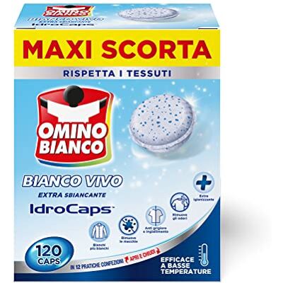 Omino Bianco Additivo Sbiancante Bianco Vivo Idrocaps Lavatrice, Capsule Idrosolubili per Bucato, Azione Extra Sbiancante e Igienizzante, Specifico per i Tessuti Bianchi, 10 Caps x 12 Confezioni Omino Bianco Additivo Sbiancante Bianco Vivo Idrocaps Lavatrice, Capsule Idrosolubili per Bucato, Azione Extra Sbiancante e Igienizzante, Specifico per i Tessuti Bianchi, 10 Caps x 12 Confezioni