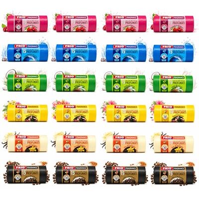 FRIO Multifrutti – 360 Sacchetti Spazzatura 30L Profumati, 24 Rotoli da 15 Sacchi con 6 Aromi e Colori Assortiti, 52x58 cm, Buste Pattumiera Resistenti e Antigoccia FRIO Multifrutti – 360 Sacchetti Spazzatura 30L Profumati, 24 Rotoli da 15 Sacchi con 6 Aromi e Colori Assortiti, 52x58 cm, Buste Pattumiera Resistenti e Antigoccia