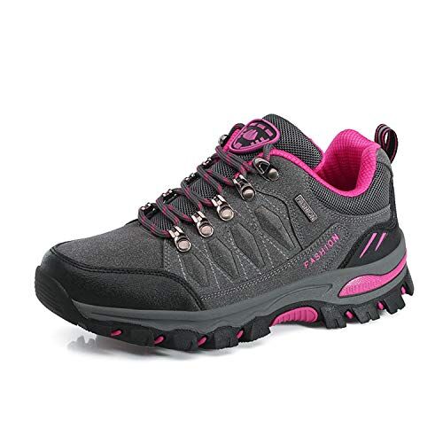 WOWEI Scarpe da Escursionismo Arrampicata Sportive All'aperto Impermeabili Traspiranti Trekking Sneakers da Donna Uomo,98018 Grigio Rosa Rossa,42 EU