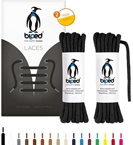 biped LACES 2 paia di lacci tondi in cotone ø 3,5 mm lacci antistrappo di qualità per scarpe in pelle, stivali, scarpe da ginnastica e scarpe sportive made in EU z2901(nero,45 cm)