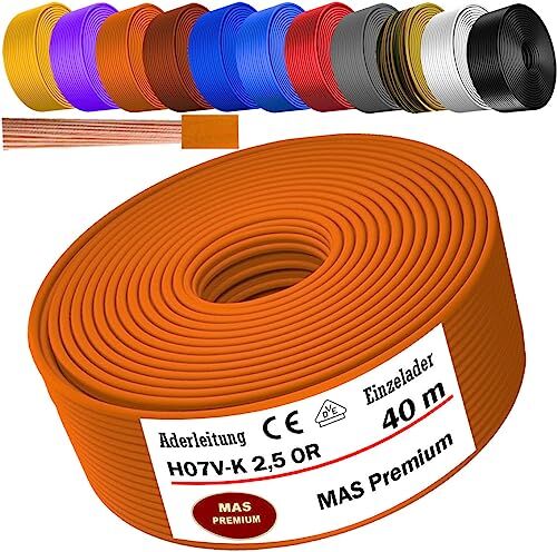 MAS Premium Cavo da 5 a 100 m H07 V-K 2,5 mm² nero, azzurro, verde/giallo, rosso, blu scuro, marrone, arancione, grigio, bianco, viola o giallo, cavo singolo flessibile (arancione, 40 m)