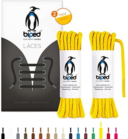 biped LACES 2 paia di lacci tondi in cotone ø 3,5 mm lacci antistrappo di qualità per scarpe in pelle, stivali, scarpe da ginnastica e scarpe sportive made in EU z2901(giallo,120 cm)