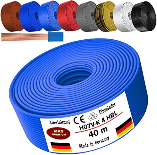 MAS Premium Cavo da 5 a 100 m H07 V-K 4 mm², nero, marrone, blu scuro, verde, giallo, grigio, azzurro, bianco o rosso, cavo singolo flessibile (azzurro, 40 m)