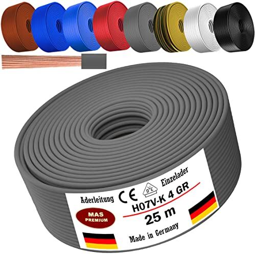 MAS Premium Cavo da 5 a 100 m H07 V-K 4 mm², nero, marrone, blu scuro, verde, giallo, grigio, azzurro, bianco o rosso, cavo singolo flessibile (grigio, 25 m)