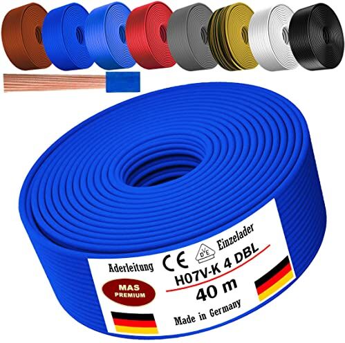 MAS Premium Cavo da 5 a 100 m H07 V-K 4 mm², nero, marrone, blu scuro, verde, giallo, grigio, azzurro, bianco o rosso, cavo singolo flessibile (blu scuro, 40 m)