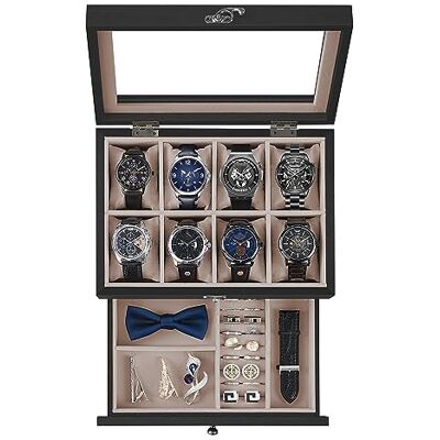 SONGMICS Porta Orologi a 8 Scomparti, Scatola Portaorologi a 2 Livelli, Coperchio in Vetro, con Cuscinetti, Fodera in Velluto, Idea Regalo, Nero Ebano JOW008B01 SONGMICS Porta Orologi a 8 Scomparti, Scatola Portaorologi a 2 Livelli, Coperchio in Vetro, con Cuscinetti, Fodera in Velluto, Idea Regalo, Nero Ebano JOW008B01