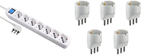 Electraline 62078 Multipresa 7 Posti Polivalenti (Schuko + 10/16A) Con Interruttore Cavo 1,5 M Bianco & 92291 Set 5 Adattatori Da Schuko A Spina Grande 16A, Bianco, Confezione Da 5