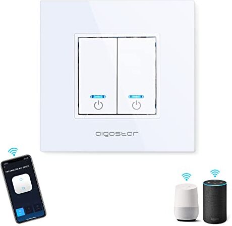 Aigostar Interruttore WiFi Smart Wall Switch Controllo Vocale Alexa, Two Gang One Way Switch, MAX.2300W LED 690W, Bianco