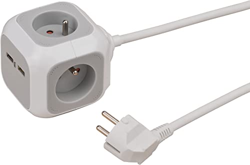 Brennenstuhl Alea Power Multipresa a forma di cubo con 4 2 prese USB e cavo da 1,4 m H05VV-F 3G1,5 (fornito con supporto di fissaggio), bianco e grigio, grigio e bianco