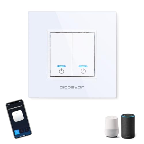 Aigostar Interruttore WiFi Smart Wall Switch Controllo Vocale Alexa, Two Gang One Way Switch, MAX.2300W LED 690W, Bianco 1 Unità.