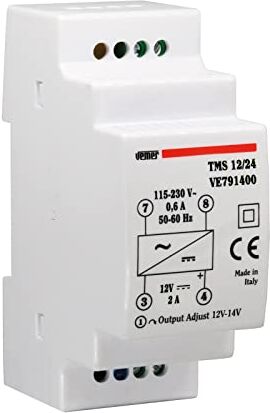 VEMER VE791400 TMS 12/24 Alimentatore 12V Switching Stabilizzato, Trasformatore con Installazione su Barra DIN, Tensione di Uscita 12 Vdc, Potenza 24 W, Bianco