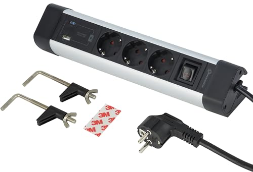 Electraline 62581 Ciabatta elettrica in alluminio per scrivania 3 prese + 3 USB (2 USB A 3.0A QC + 1 USB C PD20W), cavo da 2 m, protezione da sovratensione, multipresa/presa da tavolo