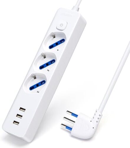 Aigostar Ciabatta Multipresa Elettrica 3 Prese Italiane 10/16A, 3 Prese USB, con interruttore,Cavo 1.5 m,Presa Elettrica per Casa, Ufficio, Negozio, Prese Angolate a 45°,Bianco.