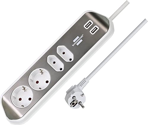 Brennenstuhl Ciabatta angolare a 4 prese con superficie in acciaio INOX di alta qualità (presa angolare con 2 prese Schuko e 2 prese europee, incl. funzione di ricarica USB, argento/bianco