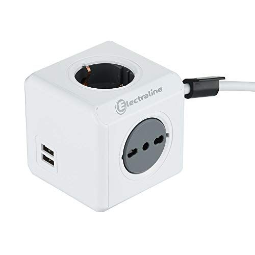 Electraline Multipresa Cubo Powercube 4 Posti con 2 USB 2.1A, 2 Schuko + Spina Italiana, 2 Bivalenti 10/16 Italiane, Colore Bianco, Cavo 1.5M