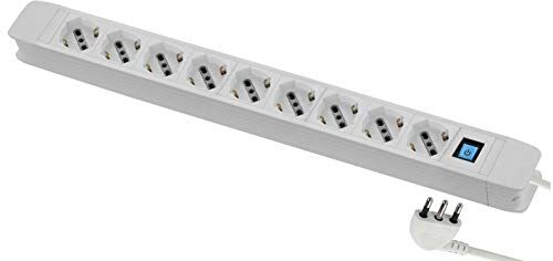 Electraline Multipresa 9 Posti polivalenti (schuko + 10/16A) di grossa robustezza, Cavo 2 metri, con sistema avvolgi cavo integrato, Spina 90° salvaspazio, 16A