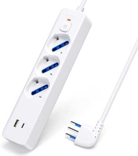 Aigostar Ciabatta Multipresa Italiano, Ciabatta Elettrica 3 Prese (schuko 10/16A),1 USB A + 1 USB C,con interruttore automatico di protezione,Surge Arrest,Cavo 1.5 m- Spina 10A, 2500W,Bianco.