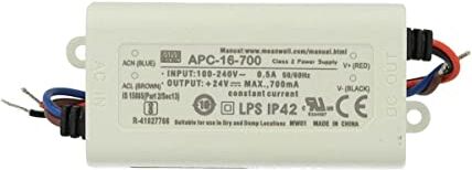 MEAN WELL MeanWell APC-16-700, Led Driver CC, Trasformatore 700mA 9V-24V DC 16W, Corrente Costante IP42