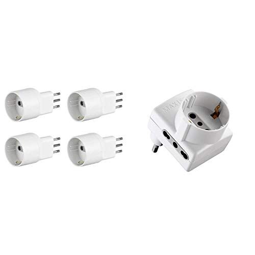 Electraline 92375 Adattatori Speciali Disassata Salvaspazio, Bianco, Confezione Da 4 & 70066 Adattatore Multipresa Con Spina Salvaspazio, Presa Tripla Schuko Bivalente 10/16A, 230 V, Bianco