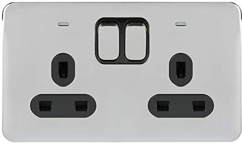 Schneider Electric Lisse Presa di corrente senza viti a doppio interruttore, bipolare, con indicatore neon, 13 A, , cromo lucido con inserto nero