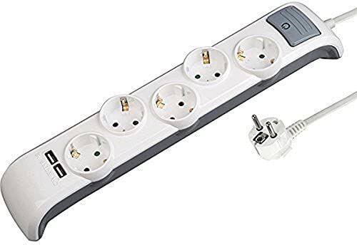 Electraline – Ciabatta Presa Multipla, 5 prese + 2 USB con interruttore di vetrina – Sezione 3 G1 mm², 2 m, colore: bianco