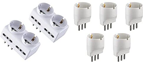 Electraline 92299 Set 2 Adattatori Multipresa 6 Posti 2 Schuko + 4 Bivalenti, Bianco & 92292 Set Adattatori Da Schuko A Spina Piccola, Bianco, Confezione Da 5