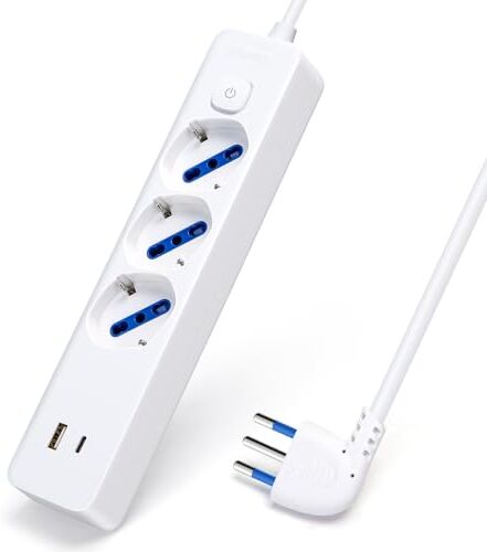 Aigostar Ciabatta Multipresa Elettrica 3 Prese Italiane 10/16A,con interruttore,Cavo 1.5 m, 1 USB A + 1 USB C,Prese Angolate a 45°,Presa Elettrica per Casa, Ufficio, Negozio, Bianco.