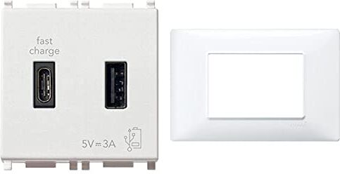 VIMAR 14295.AC Plana Presa USB 5 V 3 A, 1 uscita USB tipo A e 1 tipo C, erogano complessivamente 3 A & 14653.01, Plana Placca 3 moduli in tecnopolimero, Bianco