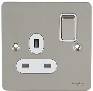 Schneider Electric Ultimate Flat Plate Presa singola con interruttore, bipolare, 13 A, , nichel perlato con inserto bianco