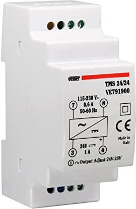 VEMER VE791900 TMS 24/24 Alimentatore 24V Switching Stabilizzato, Trasformatore con Installazione su Barra DIN, Tensione di Uscita 24 Vdc, Potenza 24 W, Bianco