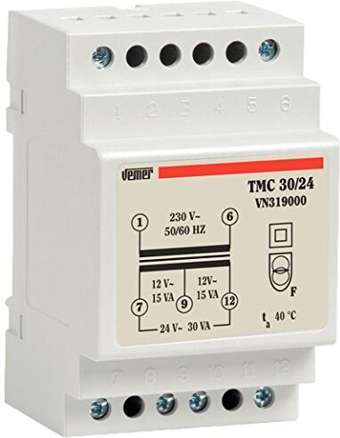 VEMER Trasformatore TMC 30/24 da Barra DIN per Servizio Continuo 230V/12-24V Potenza 30VA, Grigio Chiaro